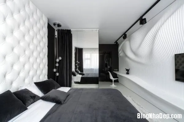 Phòng ngủ đơn giản với tông trắng đen lượn sóng